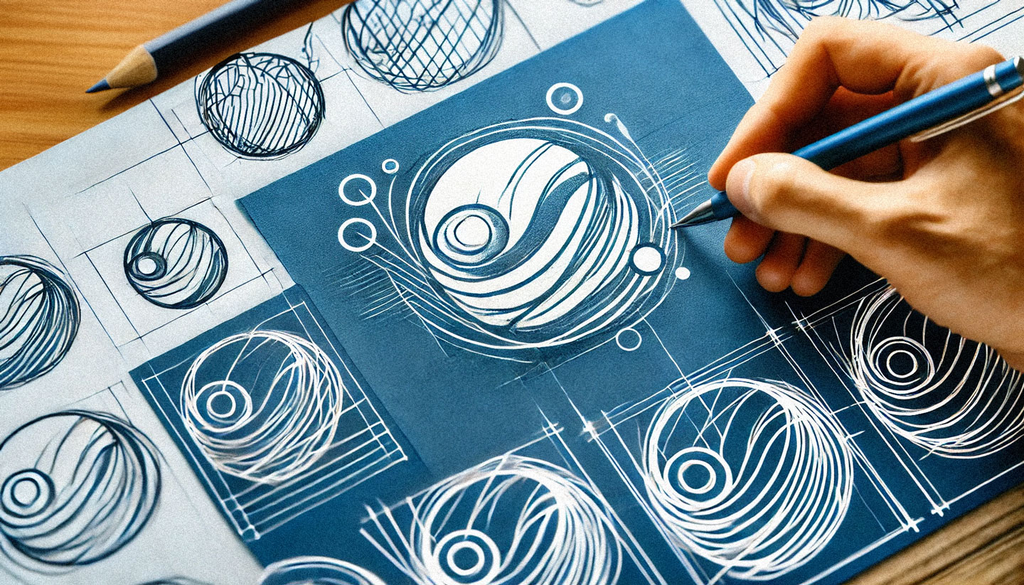 Mano che progetta e disgne bozzetti di un logo su scrivania